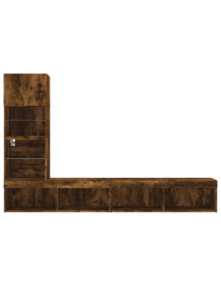 Mobili TV a Muro con LED 4pz Rovere Fumo in Legno Multistrato