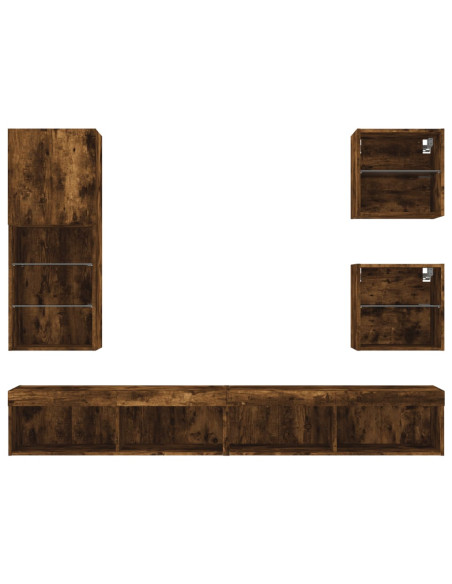 Mobili TV a Muro con LED 5pz Rovere Fumo in Legno Multistrato