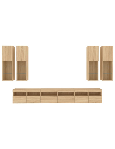 Set Mobili TV a Muro 7 pz con Luci LED Rovere Sonoma