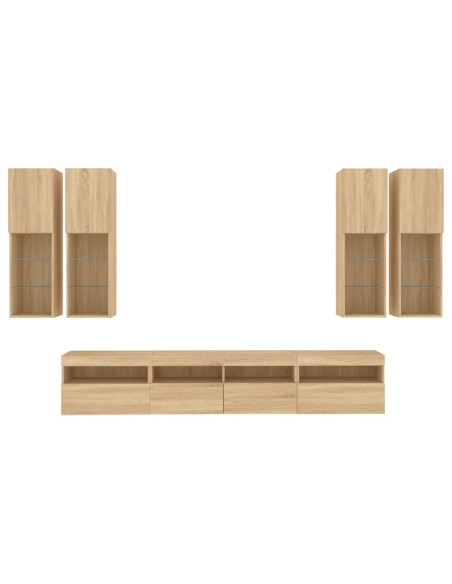 Set Mobili TV a Muro 7 pz con Luci LED Rovere Sonoma