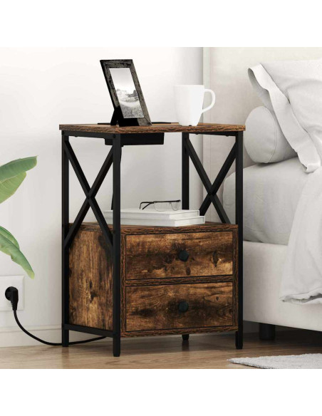 Comò con stazione di ricarica con cassetto 2 pcs Rovere fumo