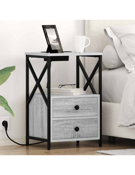 Comò con stazione di ricarica con cassetto 2 pcs Grigio sonoma