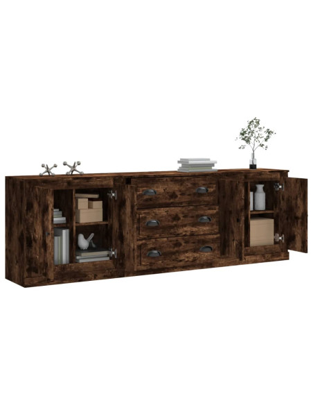 Credenze 3 pz Rovere Fumo in Legno Multistrato