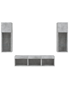 Mobili TV a Muro con LED 5pz Grigio Cemento Legno Multistrato