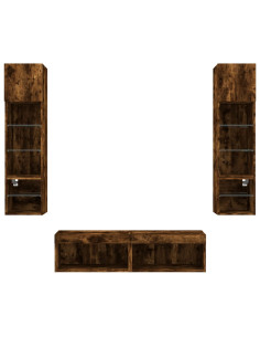 Mobili TV a Muro con LED 6pz Rovere Fumo in Legno Multistrato