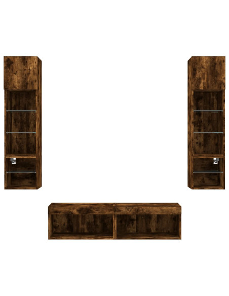 Mobili TV a Muro con LED 6pz Rovere Fumo in Legno Multistrato
