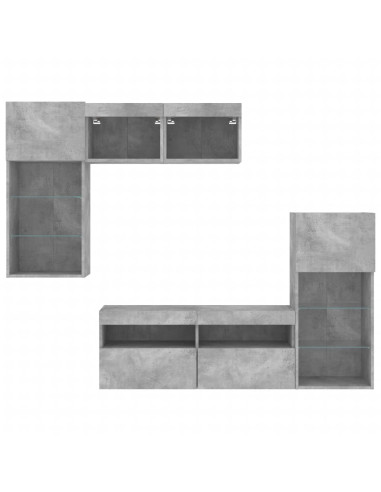 Mobili TV a Muro con LED 5pz Grigio Cemento Legno Multistrato