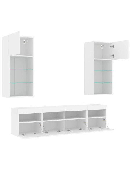 Mobili TV a Muro con LED 5pz Bianchi in Legno Multistrato