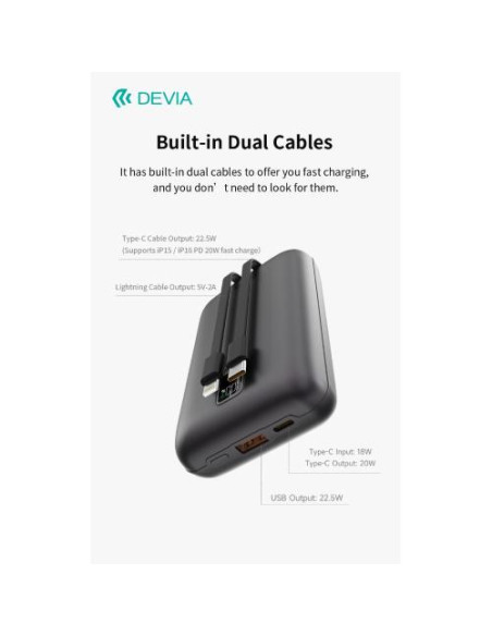 DEVIA MINI POWER BANK ULTRA4 DA 22,5 W CON 2 CAVI INTEGRATI 20000 GRIGIO