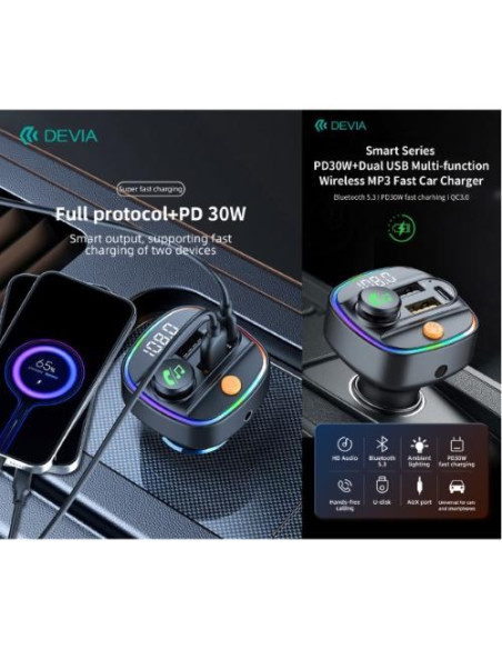 DEVIA VIVAVOCE E CARICA 30W PER AUTO FM BLUETOOTH 5.3 CON LETTORE MP3 E PENDRIVE