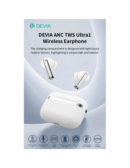 DEVIA AURICOLARI CARICA WIRELESS ANC TWS ULTRA1 ANNULLAMENTO RUMORE ESTERNO BIANCHI