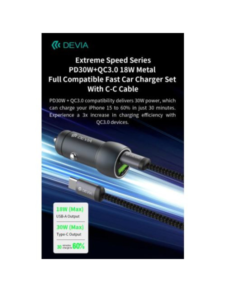 DEVIA CARICABATTERIE PER AUTO SUPER VELOCE SERIE PD30W+QC3.0-18 W CON CAVO C-C