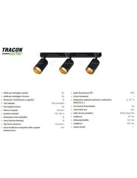 TRACON ELECTRIC PORTALAMPADA DASOFFITO NERO/ORO MAX3X35W SPGU10MA3GB