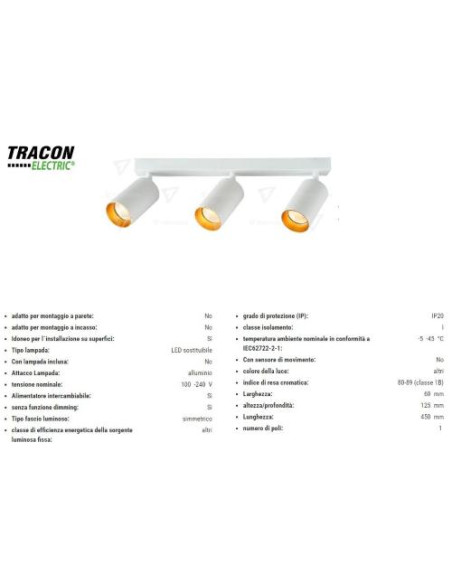 TRACON ELECTRIC PORTALAMPADA DASOFFITO BIANCO/ORO MAX3X35W SPGU10MA3GW