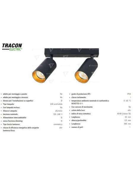 TRACON ELECTRIC PORTALAMPADA DASOFFITO NERO/ORO MAX2X35W SPGU10MA2GB