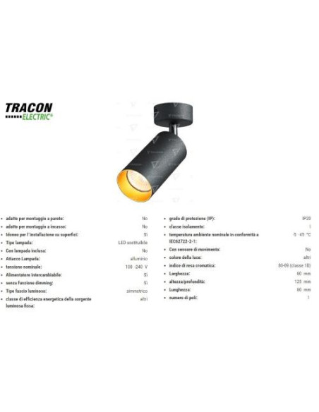 TRACON ELECTRIC PORTALAMPADA DASOFFITO NERO/ORO MAX35W SPGU10MA1GB