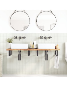 Ripiano a Parete per Lavabo in Acciaio e Massello di Acacia 2