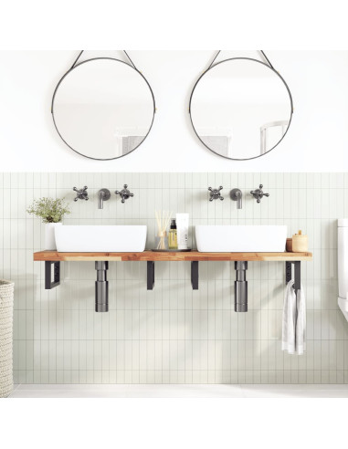 Ripiano a Parete per Lavabo in Acciaio e Massello di Acacia