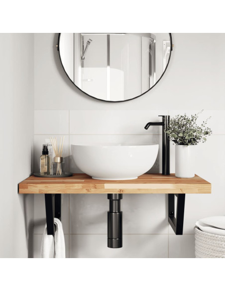 Ripiano a Parete per Lavabo in Acciaio e Massello di Acacia