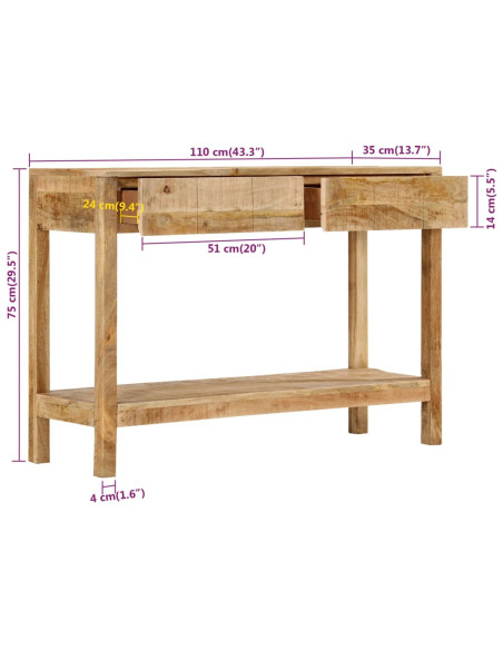 Tavolo Consolle con 2 Cassetti 110x35x75cm Legno Massello Mango