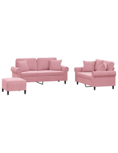 Set di Divani 3 pz con Cuscini Rosa in Velluto