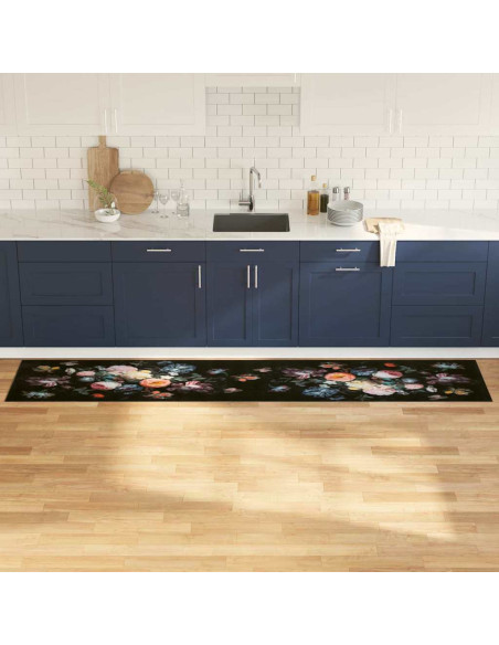 Tappetino da Cucina Floreale Nero 300 x 60 cm Velluto