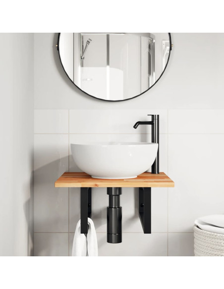 Ripiano a Parete per Lavabo in Acciaio e Massello di Acacia