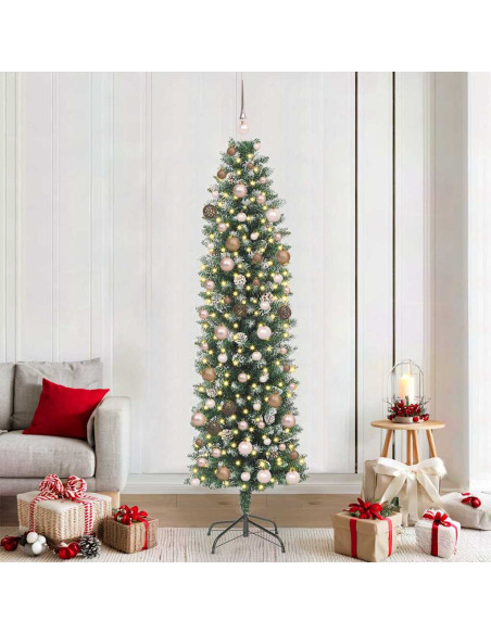 Albero di Natale Artificiale Sottile Verde e Bianco 210 cm