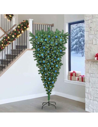 Albero di Natale artificiale preilluminato rovesciato con set di palline