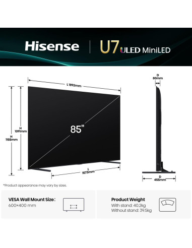 Hisense 85U7Q 2,16 m (85") 4K Ultra HD Smart TV Wi-Fi Nero 450 cd/m²
