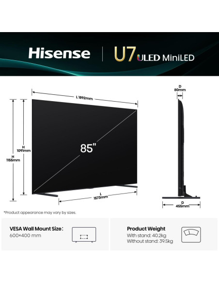 Hisense 85U7Q 2,16 m (85") 4K Ultra HD Smart TV Wi-Fi Nero 450 cd/m²