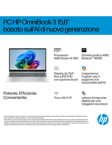 HP OmniBook 3 NGAI OmniBook 3 Next Gen AI 15-fn0011nl Copilot+ PC AMD Ryzen AI 5 330 Computer portatile 39,6 cm (15.6") Full HD 