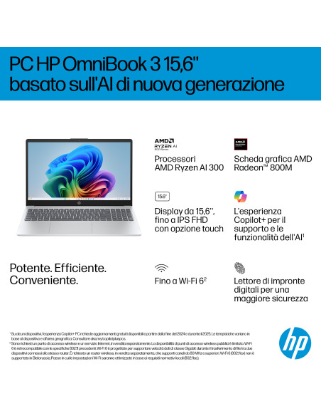 HP OmniBook 3 Laptop Next Gen AI 15-fn0010nl AMD Ryzen AI 7 Computer portatile 39,6 cm (15.6") Full HD 32 GB DDR5-SDRAM Wi-Fi 6 