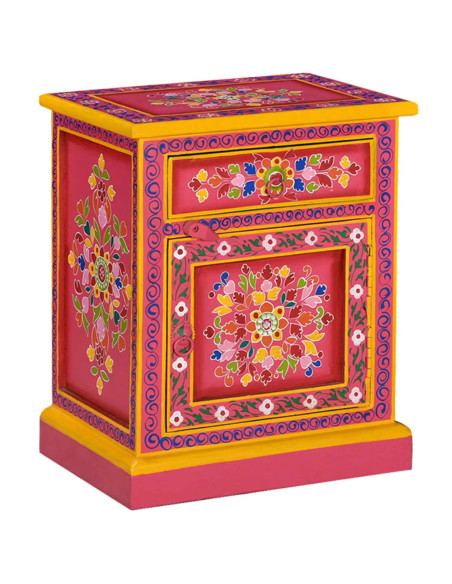 Comodino in Legno Massello di Mango Rosa Dipinto a Mano