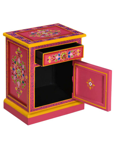 Comodino in Legno Massello di Mango Rosa Dipinto a Mano