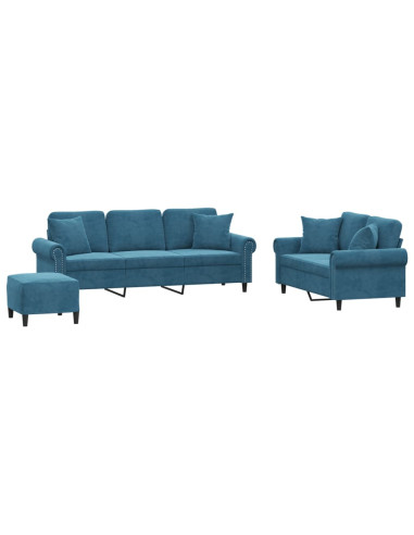 Set di Divani 3 pz con Cuscini Blu in Velluto