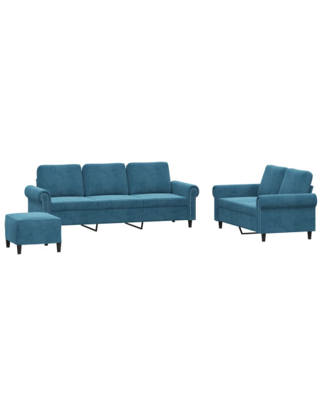 Set di Divani 3 pz con Cuscini Blu in Velluto Set di Divani 3 pz con Cuscini Blu in Velluto