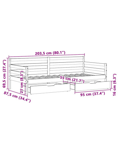 Dormeuse con Cassetti Bianca 80x200 cm Legno Massello di Pino