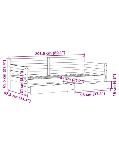 Dormeuse con Cassetti Bianca 80x200 cm Legno Massello di Pino