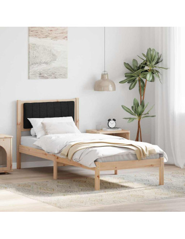 Letto con Testiera Rivestita Nero 75 x 190 cm Pino massello