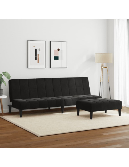 Divano Letto a 2 Posti con Poggiapiedi Nero in Velluto