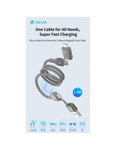 DEVIA CAVO MAGNETICO ULTRA 2 INTRECCIATO MULTIFUNZIONALE 4 IN 1 USB A-C-L
