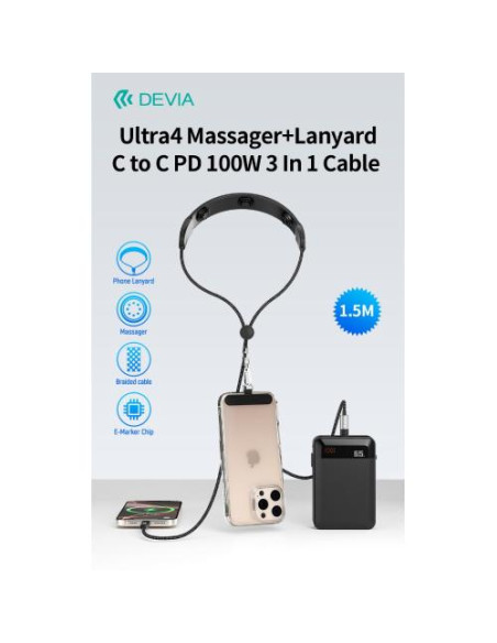 DEVIA CAVO PD 100W TIPO-C CON MASSAGGIATORE E TRACOLLA PORTATELEFONO