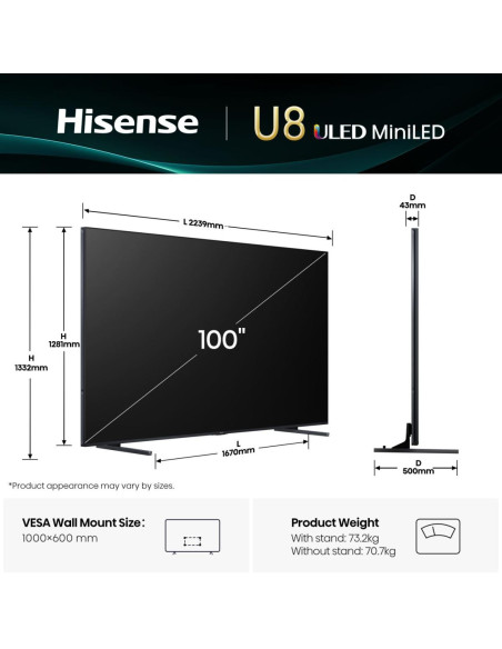 Hisense 100U8Q 2,54 m (100") 4K Ultra HD Smart TV Wi-Fi Nero, Grigio