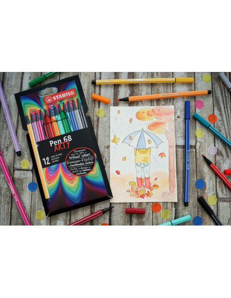 STABILO Pennarello Premium - Pen 68 - ARTYLine - Astuccio da 12 con appendino - 12 colori assortiti