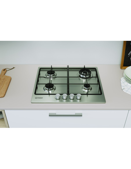 Indesit THP 642 W/IX/I 1 piano gas inox 60cm 4 fuochi bruciatore doppia corona griglie smaltate