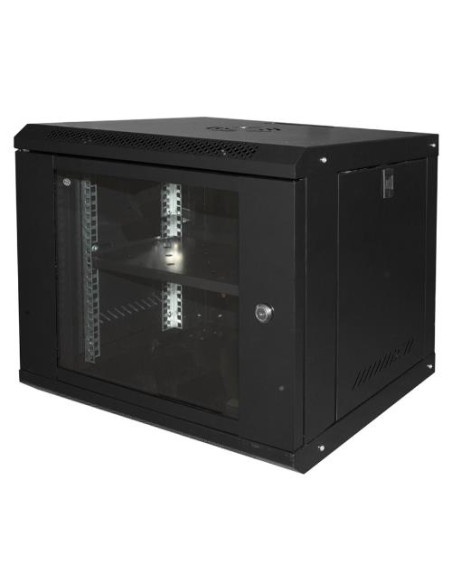 ARMADIO RACK 19" 9U LINK SERIE LIGHT COLORE NERO CON PORTA VETRO (AxPxL) MM 450X400X530 RIPIANO INCLUSO - LK1909UNL