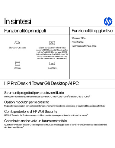 HP ProDesk 4 G1i AI PC Intel Core Ultra 5 235 16 GB DDR5-SDRAM 1 TB SSD Windows 11 Pro Tower Nero