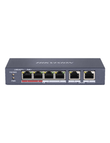 HIKVISION SWITCH 10/100 POE METALLICO L2, UNMANAGED, 4 10/100M RJ45 POE PORTS, 2 10/100M RJ45 UPLINK