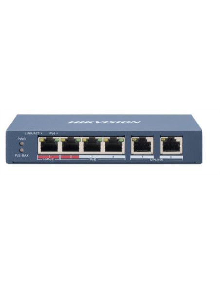 HIKVISION SWITCH 10/100 HI-POE METALLICO L2, UNMANAGED, 4 10/100M RJ45 POE PORTS, 2 10/100M RJ45 UPL
